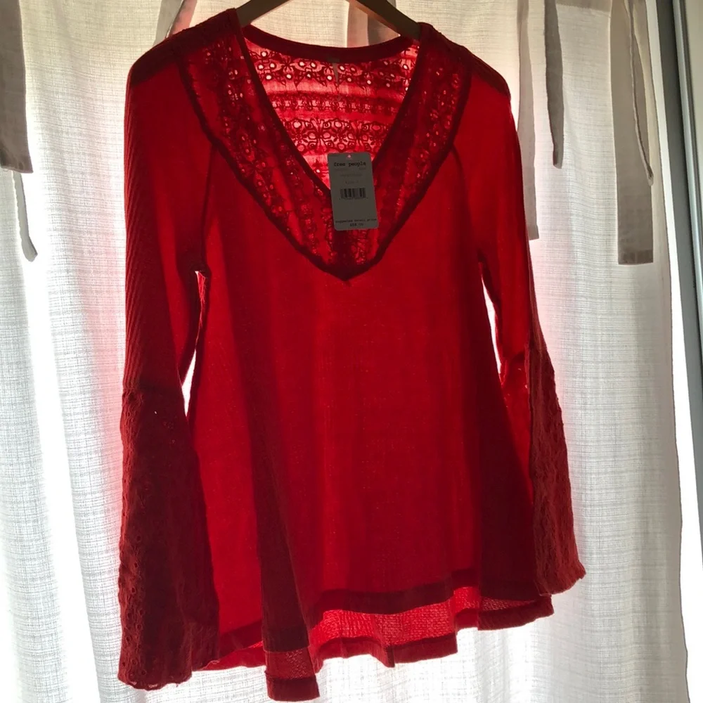 Free People Red Bell Sleeve V-neck Boho Top women’s Small NWT
